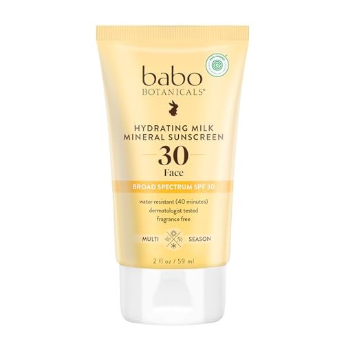 Babo Botanicals Hydrating Milk Mineral Sunscreen SPF 30 - Natural Zinc Oxide, Dewy Finish, Water Resistant, Fragrance-Free, EWG Verified, Vegan Face Sunscreen for Sensitive Skin, 2 oz Avelisse