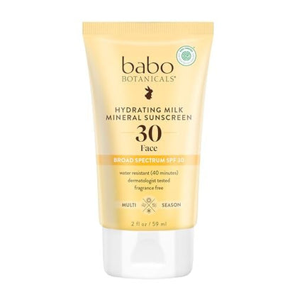 Babo Botanicals Hydrating Milk Mineral Sunscreen SPF 30 - Natural Zinc Oxide, Dewy Finish, Water Resistant, Fragrance-Free, EWG Verified, Vegan Face Sunscreen for Sensitive Skin, 2 oz Avelisse
