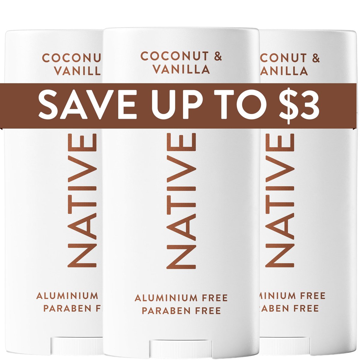Native Deodorant Coconut & Vanilla, 3-Pack – Aluminum-Free, 72-Hour Odor Control with Naturally Derived Ingredients Avelisse