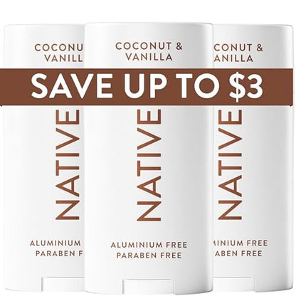 Native Deodorant Coconut & Vanilla, 3-Pack – Aluminum-Free, 72-Hour Odor Control with Naturally Derived Ingredients Avelisse