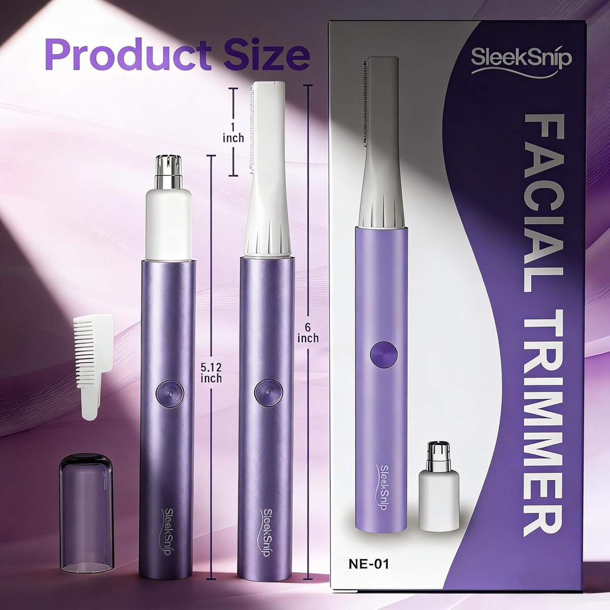 SleekSnip Nose & Eyebrow Hair Trimmer for Women – Rechargeable Facial Hair Shaver for Face, Nose, and Eyebrows (Purple) Avelisse