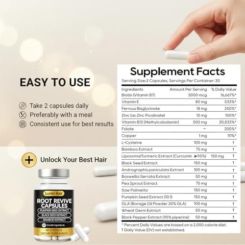Lumin Hair Root Revive Capsules for Women with Thinning Hair - Daily Hair Nourishment with Black Seed Extract, Biotin, Bamboo Extract & Saw Palmetto - Supports Hair Growth & Strength, 60 Count Avelisse