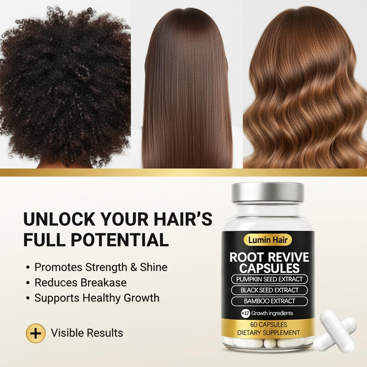 Lumin Hair Root Revive Capsules for Women with Thinning Hair - Daily Hair Nourishment with Black Seed Extract, Biotin, Bamboo Extract & Saw Palmetto - Supports Hair Growth & Strength, 60 Count Avelisse