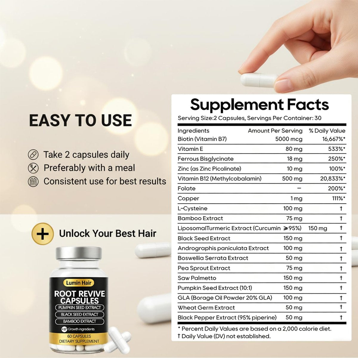 Lumin Hair Root Revive Capsules for Women with Thinning Hair - Daily Hair Nourishment with Black Seed Extract, Biotin, Bamboo Extract & Saw Palmetto - Supports Hair Growth & Strength, 60 Count Avelisse