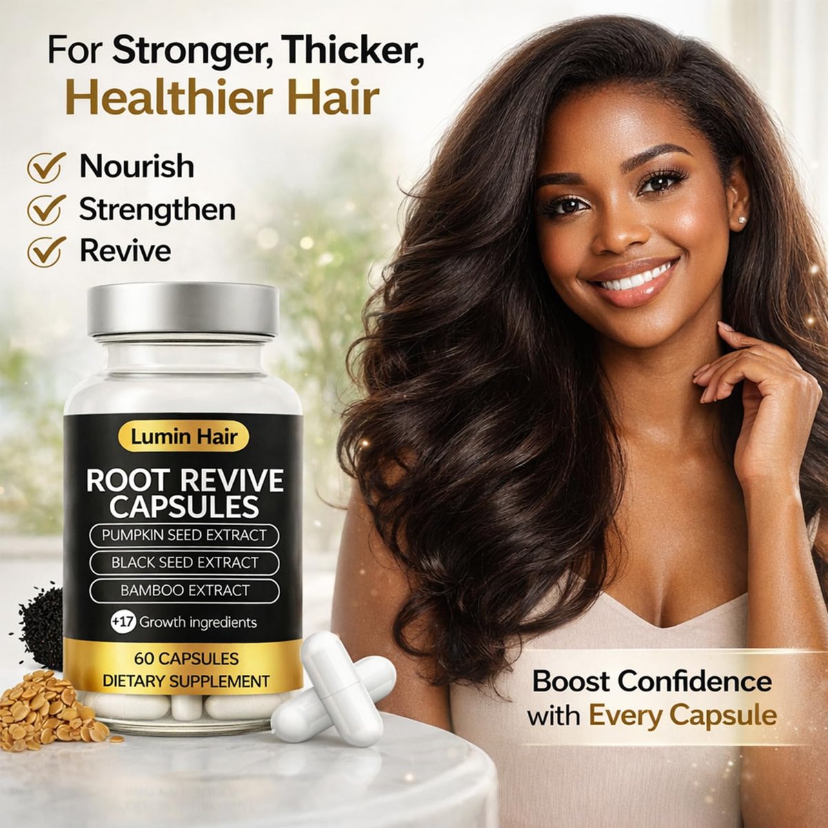 Lumin Hair Root Revive Capsules for Women with Thinning Hair - Daily Hair Nourishment with Black Seed Extract, Biotin, Bamboo Extract & Saw Palmetto - Supports Hair Growth & Strength, 60 Count Avelisse