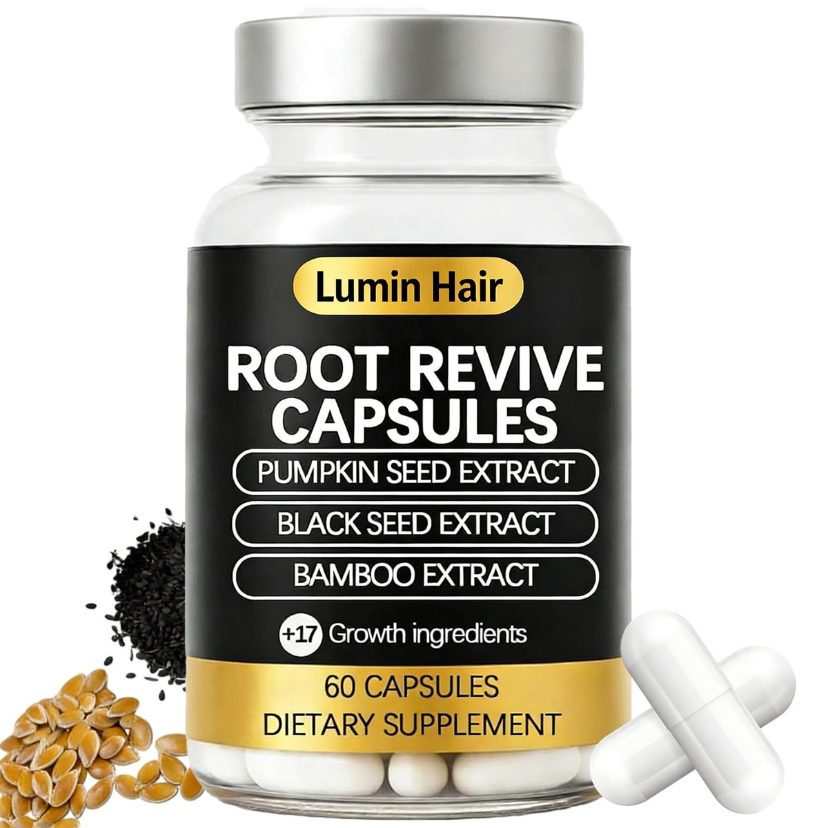 Lumin Hair Root Revive Capsules for Women with Thinning Hair - Daily Hair Nourishment with Black Seed Extract, Biotin, Bamboo Extract & Saw Palmetto - Supports Hair Growth & Strength, 60 Count Avelisse
