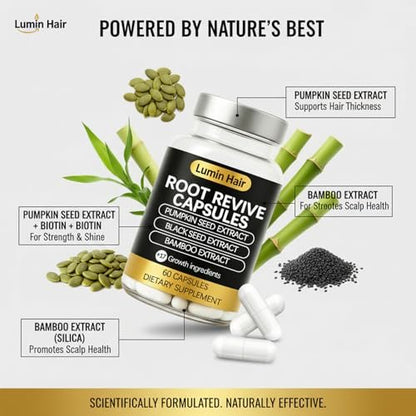 Lumin Hair Root Revive Capsules for Women with Thinning Hair - Daily Hair Nourishment with Black Seed Extract, Biotin, Bamboo Extract & Saw Palmetto - Supports Hair Growth & Strength, 60 Count Avelisse