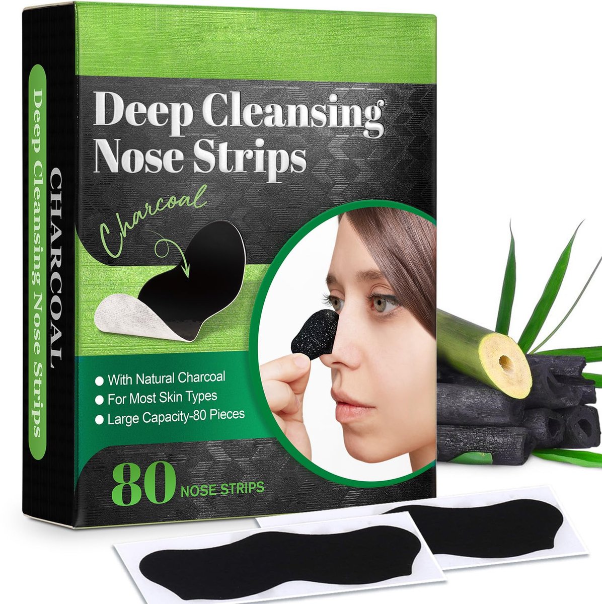 Ruduwu Natural Charcoal Pore Strips for Blackheads - 80 Count Nose Strips for All Skin Types - görsel 1