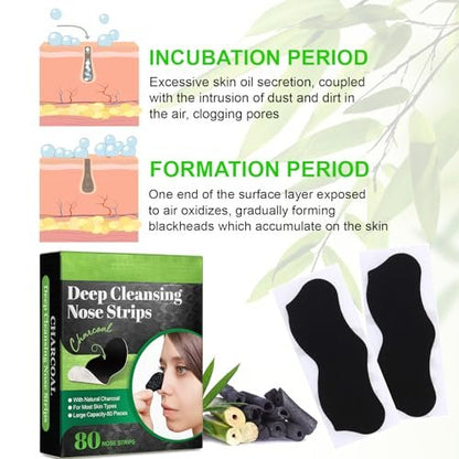 Ruduwu Natural Charcoal Pore Strips for Blackheads - 80 Count Nose Strips for All Skin Types