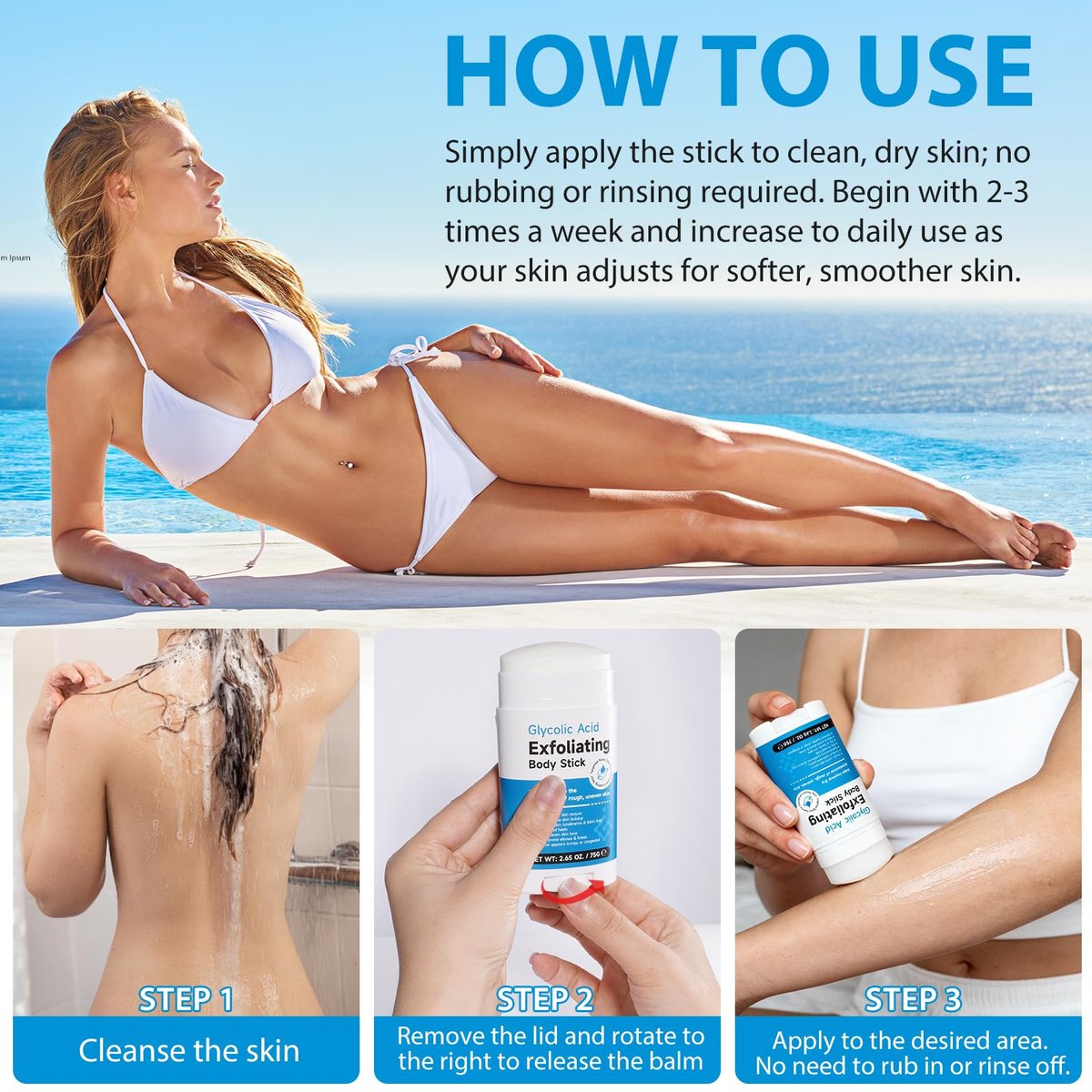 7% Glycolic Acid Exfoliating Body Stick – Smooth Elbows, Knees & Bikini Line – Gentle Daily Exfoliator for Rough Texture, Paraben-Free, 75g - görsel 9