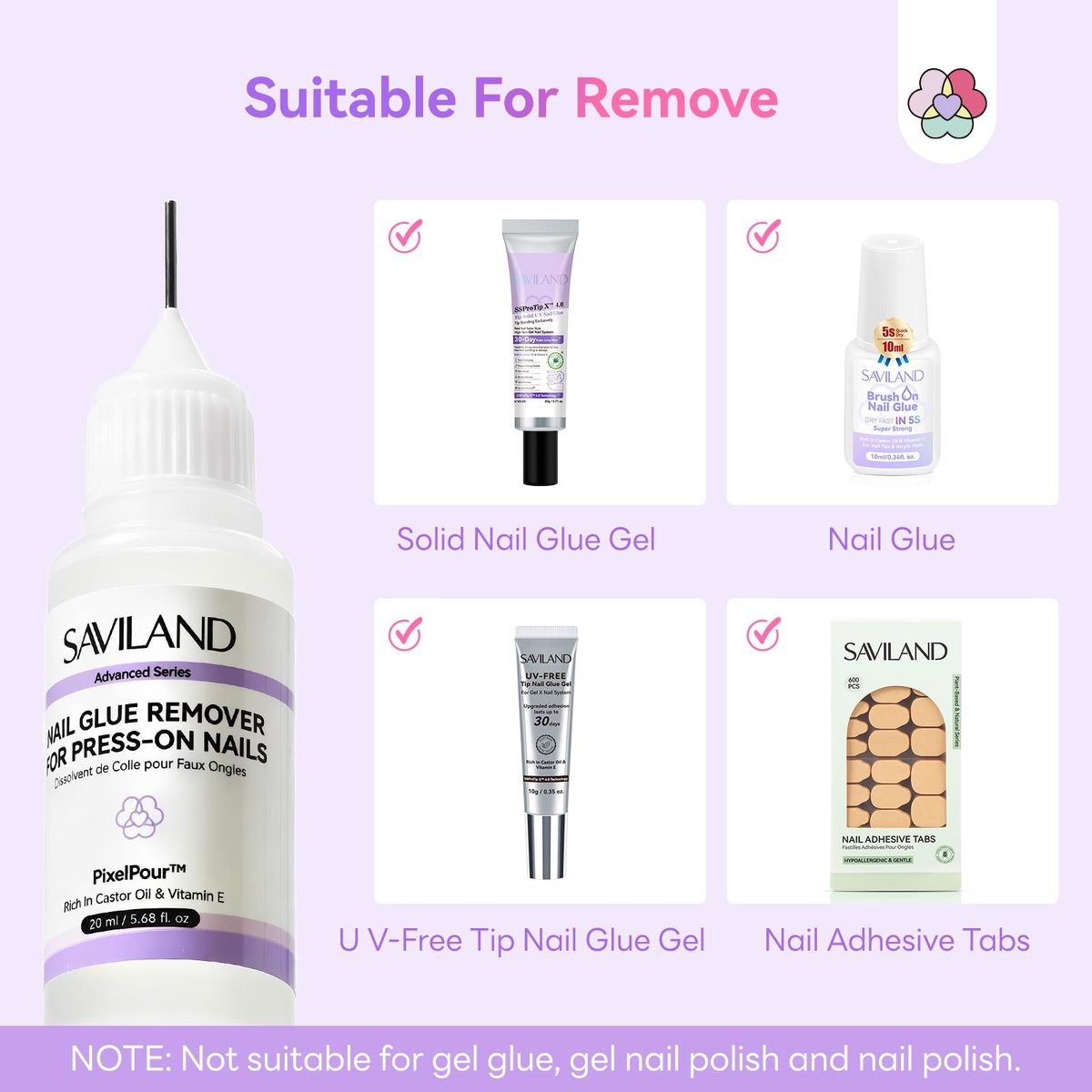SAVILAND Pinpoint Nail Glue Remover for Press On Nails - Gentle Acetone-Free Remover, 0.68 Fl Oz - görsel 11