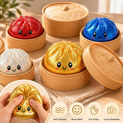 Dumpling Squishy Box Glitter - Cute Squishy Dumpling Toy with Steamer, Soft Slow Rebound Stress Ball Sensory Fidget Toy for Kids & Adults, Easter Basket Stuffers Avelisse
