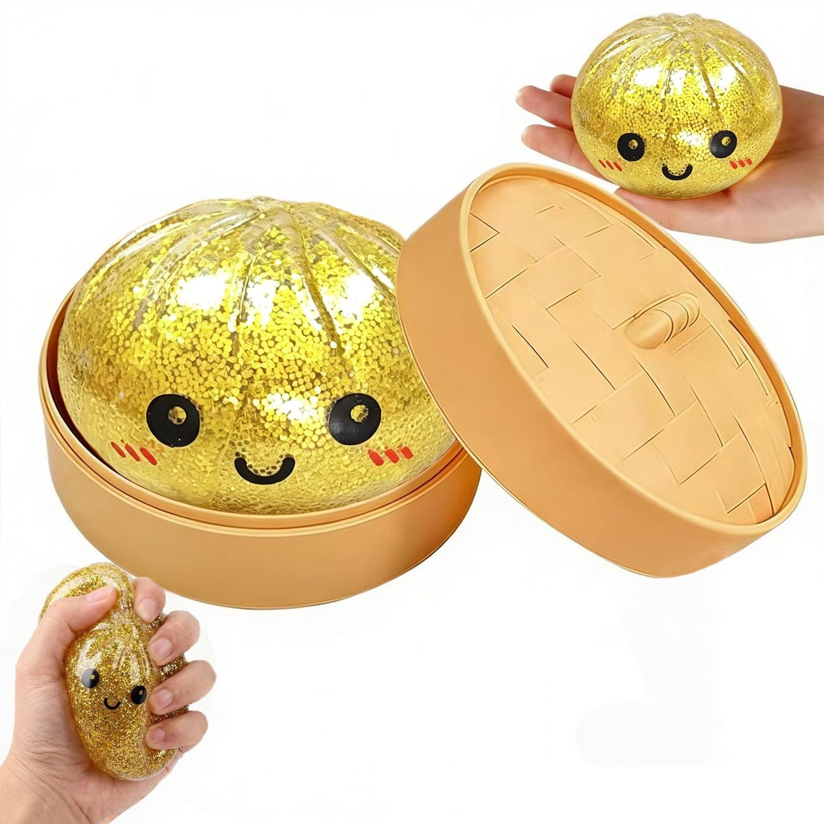 Dumpling Squishy Box Glitter - Cute Squishy Dumpling Toy with Steamer, Soft Slow Rebound Stress Ball Sensory Fidget Toy for Kids & Adults, Easter Basket Stuffers Avelisse