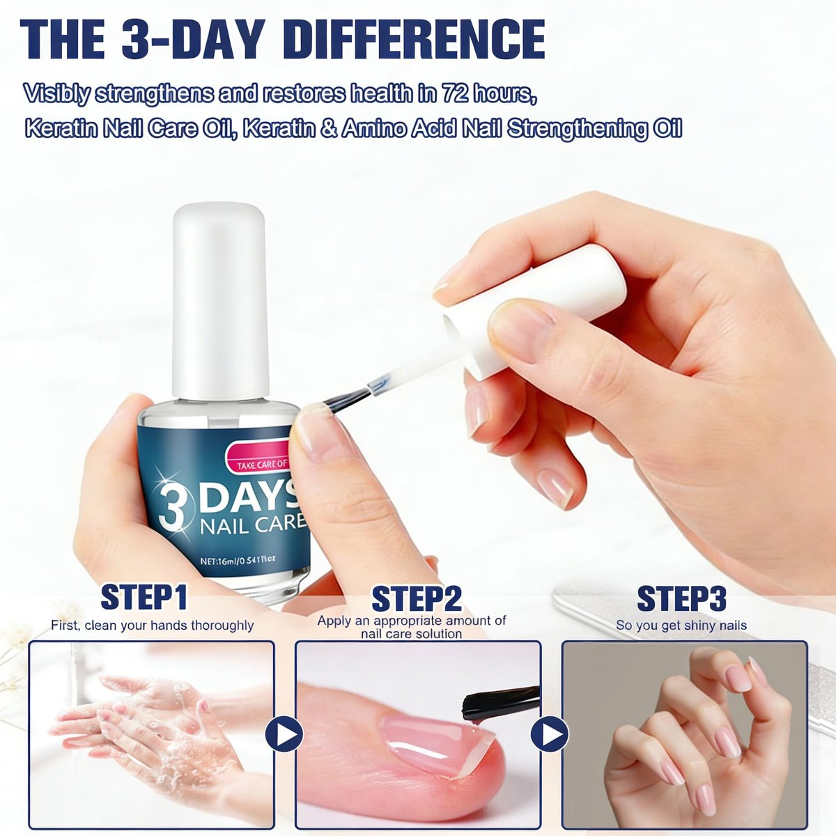 3 PCS 3 Days Nail Care with Keratin Amino Acid – Strengthening & Hydrating Treatment for Dry, Weak, Fragile Nails (16ml Each) Avelisse