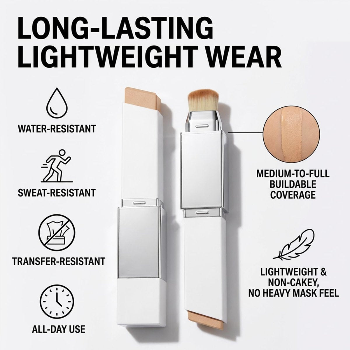 Color Changing Foundation Stick – 2-in-1 Waterproof Long Lasting Full Coverage Foundation with Dual-Ended Brush, Lightweight Natural Finish Avelisse