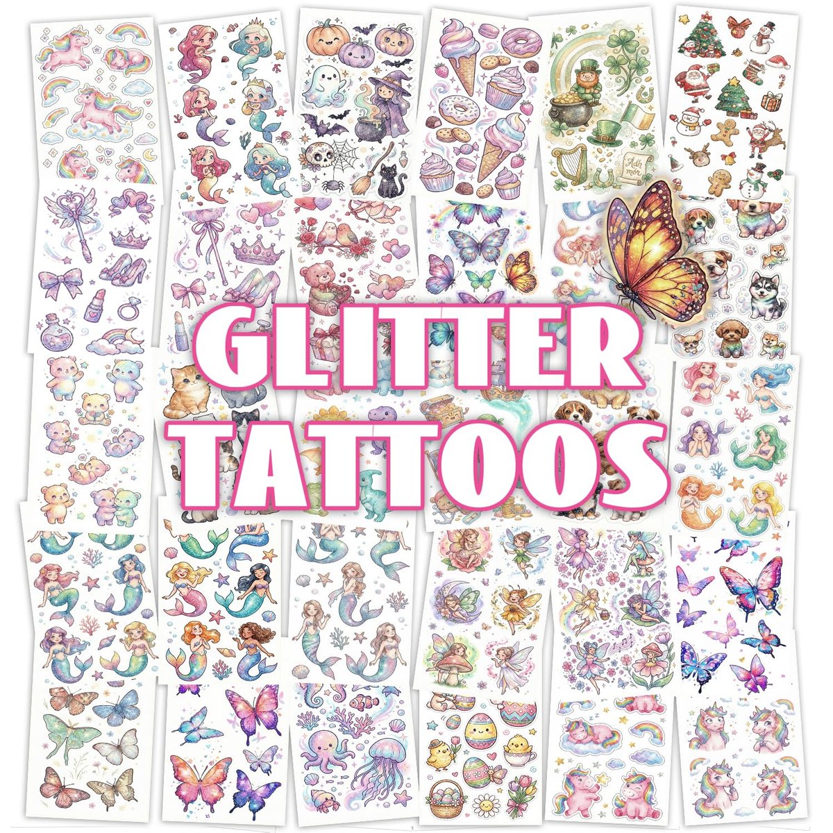 Glitter Temporary Tattoos for Girls – 30 Sheets Butterfly, Mermaid & Fairy Stickers for Kids | Birthday Party Favors & Goodie Bag Stuffers - görsel 1