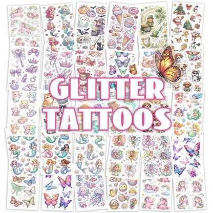 Glitter Temporary Tattoos for Girls – 30 Sheets Butterfly, Mermaid & Fairy Stickers for Kids | Birthday Party Favors & Goodie Bag Stuffers