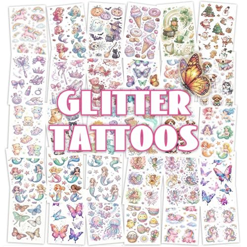 Glitter Temporary Tattoos for Girls – 30 Sheets Butterfly, Mermaid & Fairy Stickers for Kids | Birthday Party Favors & Goodie Bag Stuffers - görsel 2