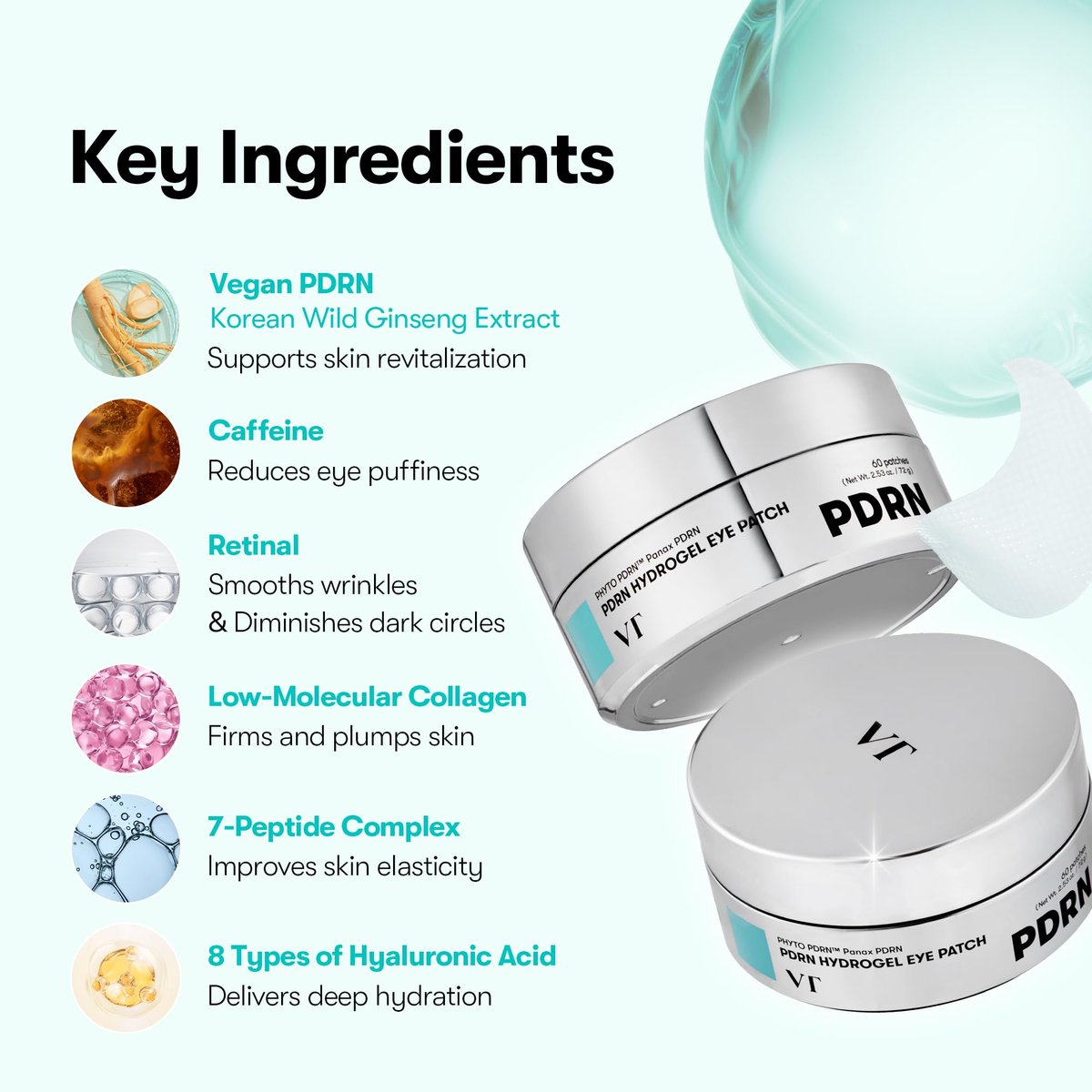 VT COSMETICS PDRN Hydrogel Eye Patch (60 Patches / 30 Pairs) – Vegan PDRN, Retinal & Collagen Under Eye Patches for Dark Circles, Puffiness & Wrinkles, Hydrating Anti-Aging Korean Skincare Avelisse