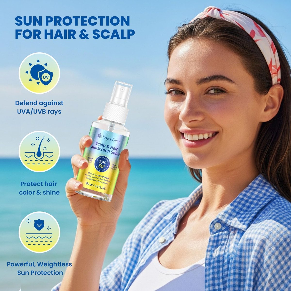 Roycederm Hair and Scalp Sunscreen Spray SPF 30+ – UV Protection, 80-Min Water-Resistant, Non-Greasy Scalp Mist for Beach, Pool & Outdoor Activities (100ml, Pack of 2) Avelisse