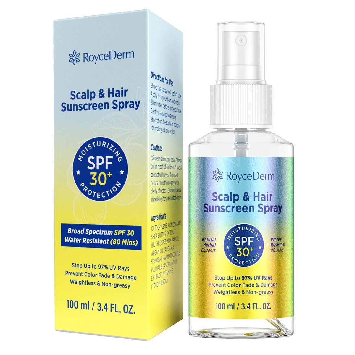 Roycederm Hair and Scalp Sunscreen Spray SPF 30+ – UV Protection, 80-Min Water-Resistant, Non-Greasy Scalp Mist for Beach, Pool & Outdoor Activities (100ml, Pack of 2) Avelisse