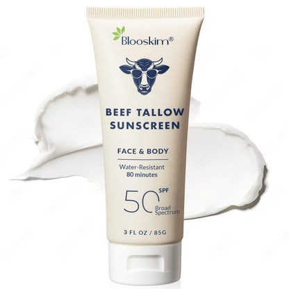 Blooskim Beef Tallow Sunscreen SPF 50 – Natural Zinc Oxide Sunblock for Face & Body, Non-Greasy, Water-Resistant, 3 oz Avelisse
