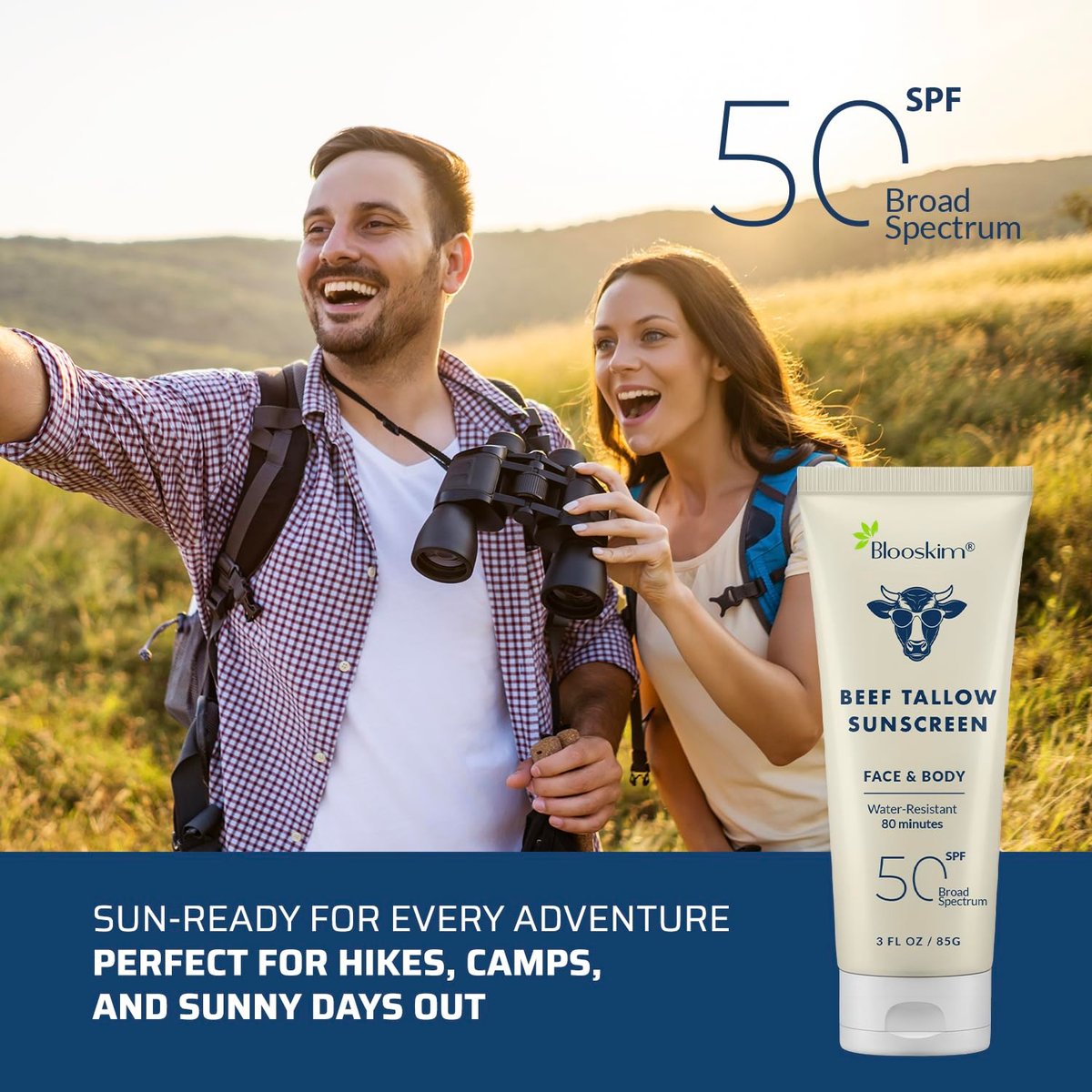 Blooskim Beef Tallow Sunscreen SPF 50 – Natural Zinc Oxide Sunblock for Face & Body, Non-Greasy, Water-Resistant, 3 oz Avelisse