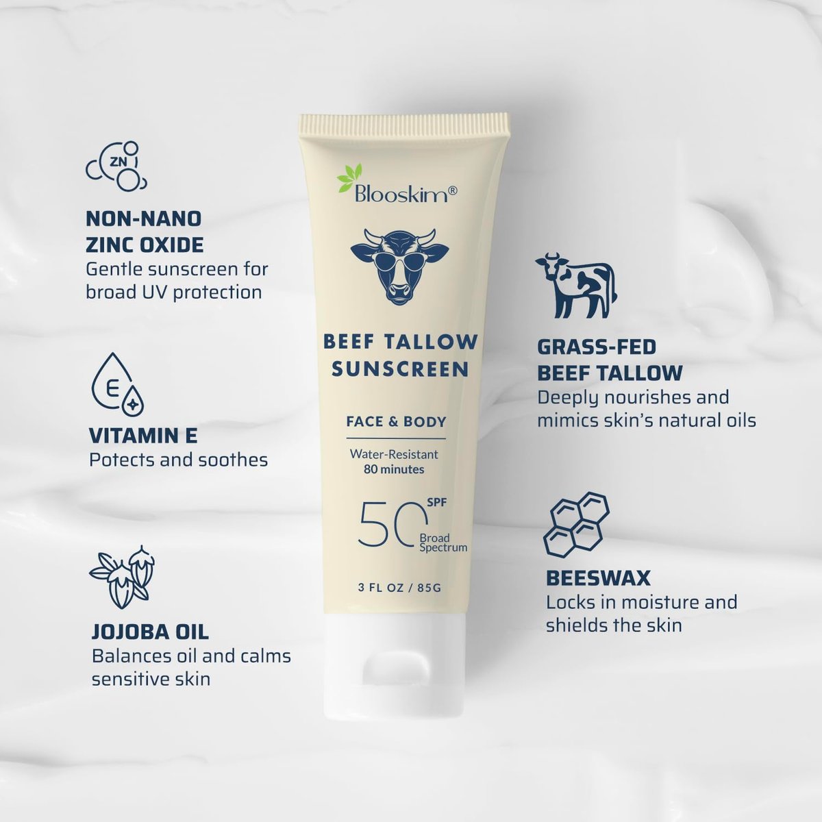 Blooskim Beef Tallow Sunscreen SPF 50 – Natural Zinc Oxide Sunblock for Face & Body, Non-Greasy, Water-Resistant, 3 oz Avelisse