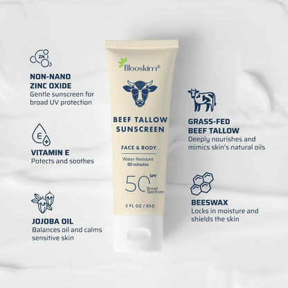 Blooskim Beef Tallow Sunscreen SPF 50 – Natural Zinc Oxide Sunblock for Face & Body, Non-Greasy, Water-Resistant, 3 oz Avelisse
