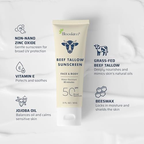 Blooskim Beef Tallow Sunscreen SPF 50 – Natural Zinc Oxide Sunblock for Face & Body, Non-Greasy, Water-Resistant, 3 oz Avelisse