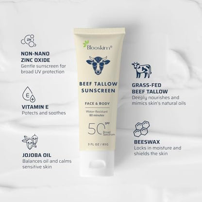 Blooskim Beef Tallow Sunscreen SPF 50 – Natural Zinc Oxide Sunblock for Face & Body, Non-Greasy, Water-Resistant, 3 oz Avelisse