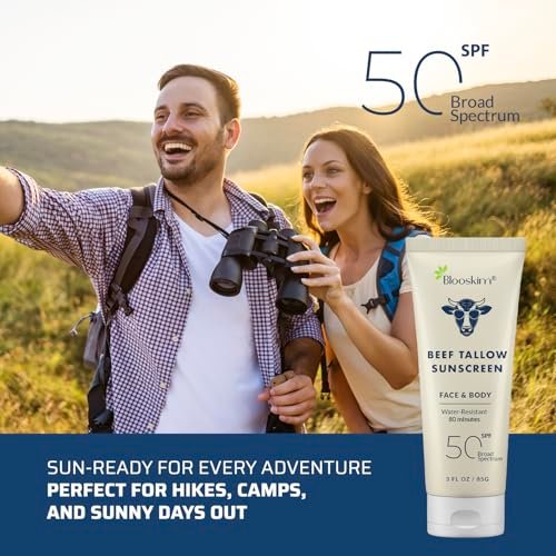 Blooskim Beef Tallow Sunscreen SPF 50 – Natural Zinc Oxide Sunblock for Face & Body, Non-Greasy, Water-Resistant, 3 oz Avelisse