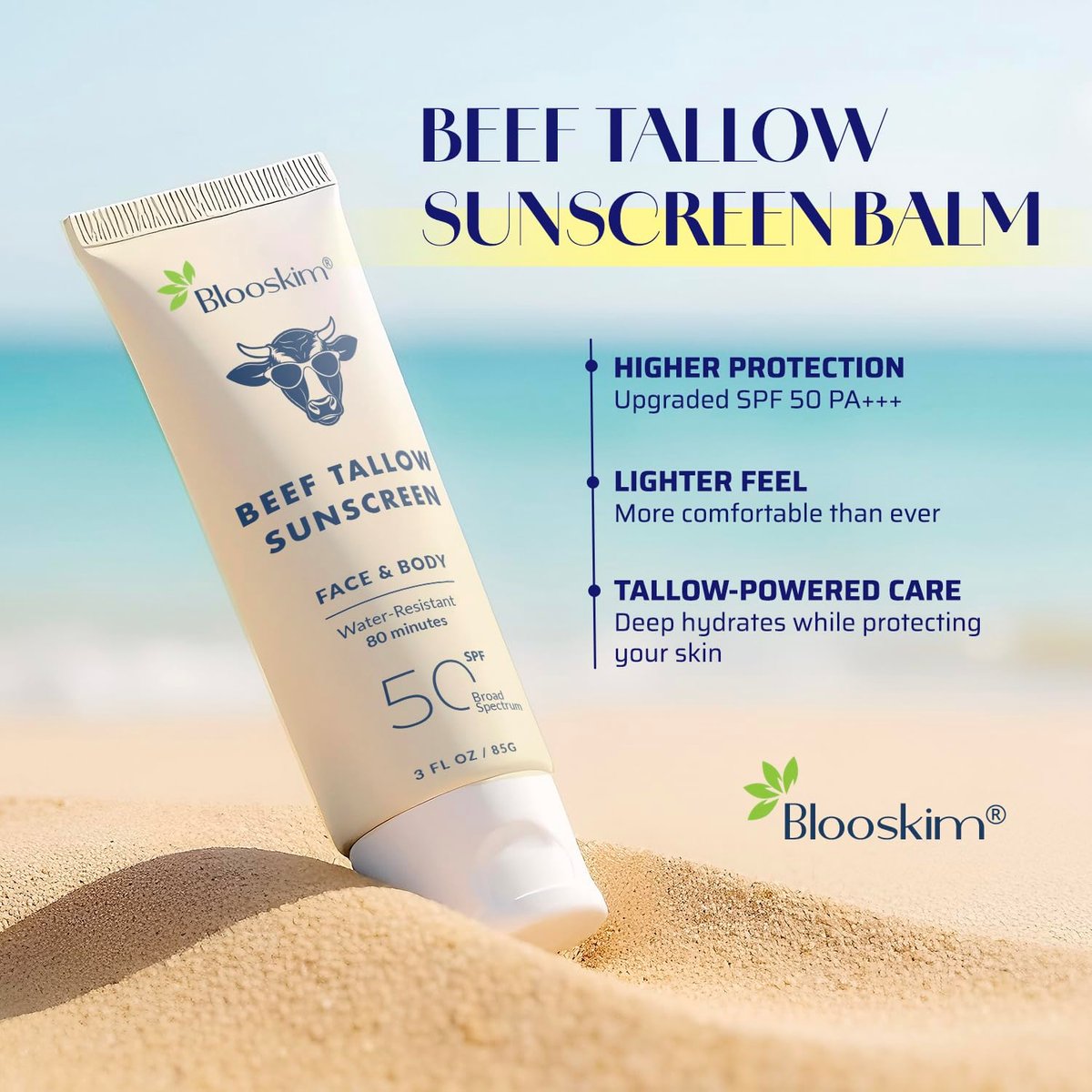 Blooskim Beef Tallow Sunscreen SPF 50 – Natural Zinc Oxide Sunblock for Face & Body, Non-Greasy, Water-Resistant, 3 oz Avelisse