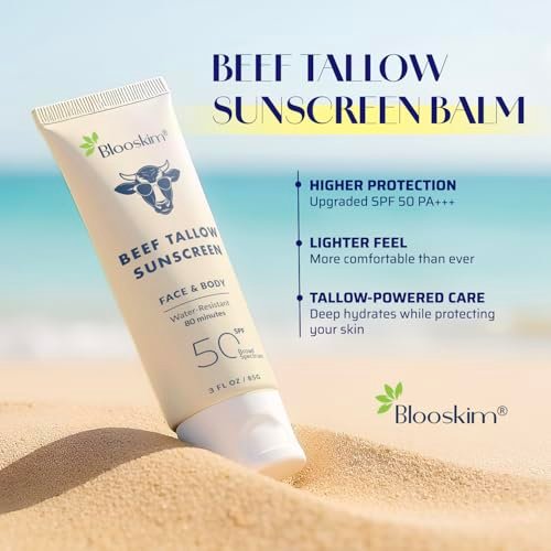 Blooskim Beef Tallow Sunscreen SPF 50 – Natural Zinc Oxide Sunblock for Face & Body, Non-Greasy, Water-Resistant, 3 oz Avelisse