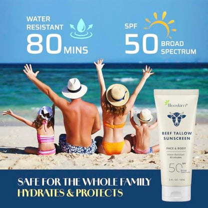 Blooskim Beef Tallow Sunscreen SPF 50 – Natural Zinc Oxide Sunblock for Face & Body, Non-Greasy, Water-Resistant, 3 oz Avelisse