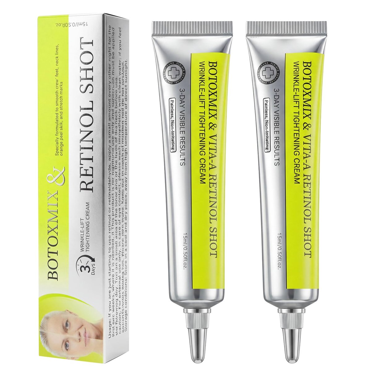 Botoxmix & Vita-A Retinol Shot Wrinkle-Lift Tightening Cream – High-Strength Retinoid Anti-Aging Cream with Natural Pore Minimizer (2-Pack, 0.5 oz Each) Avelisse