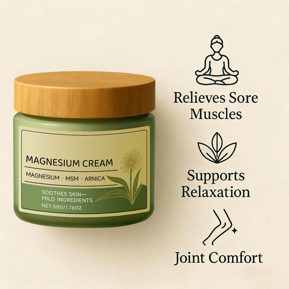 Magnesium Cream with MSM & Arnica – Fast Absorbing, Non-Greasy Soothing Cream for Daily Total Comfort (1.76 oz) Avelisse