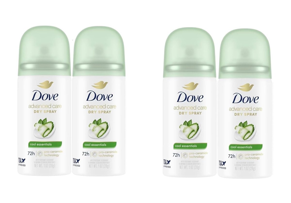 Dove Advanced Care Cool Essentials Antiperspirant & Deodorant Dry Spray – Travel Size 1 oz (Pack of 4) – 72-Hour Sweat & Odor Protection, Cool Fresh Scent with Pear and Cucumber Avelisse