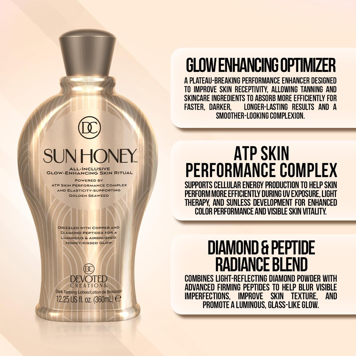 Devoted Creations Sun Honey All-Inclusive Glow-Enhancing Plateau Breaking Optimizer Ultra-Hydrating Dark Tanning Lotion, 12.25 Fl Oz Avelisse