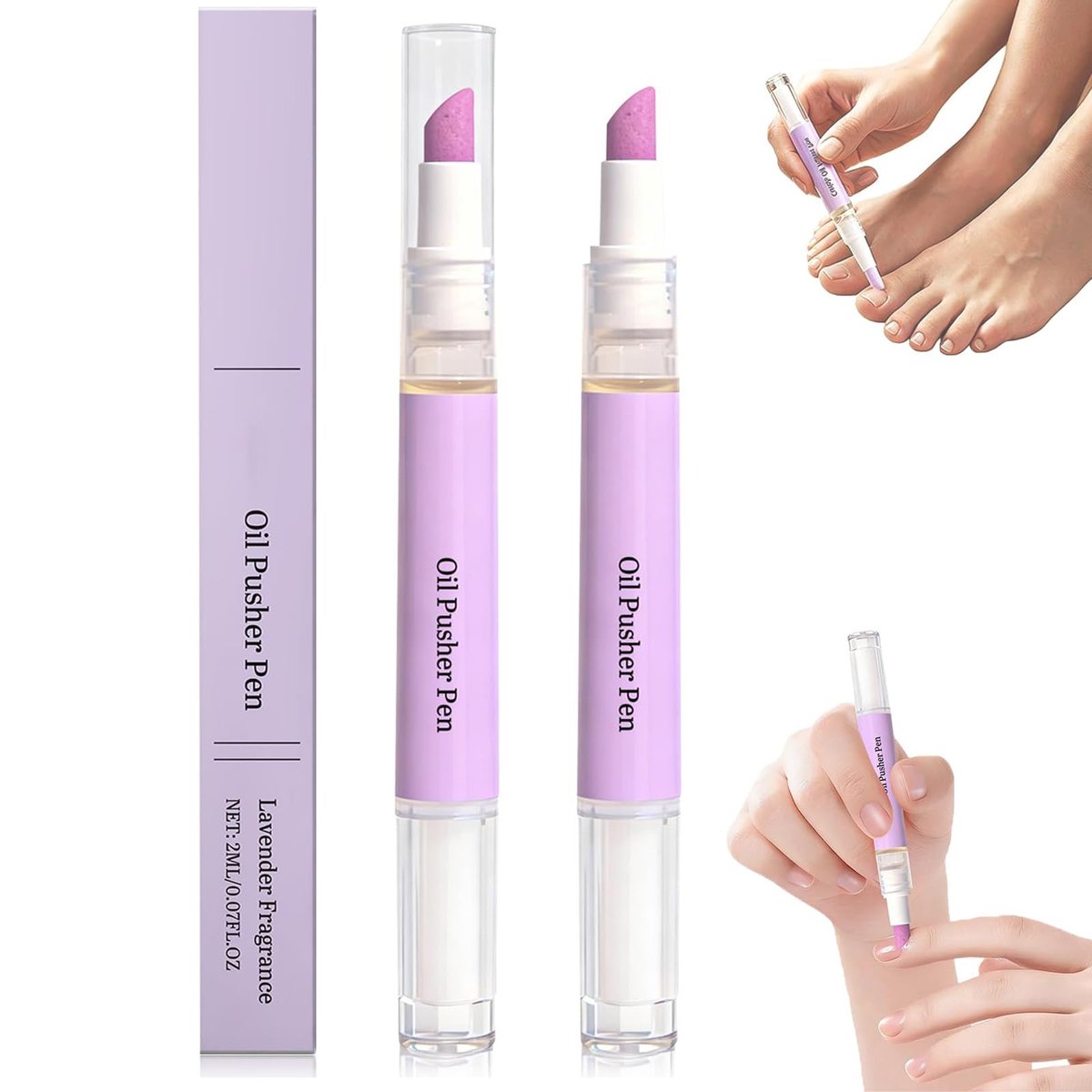 2-in-1 Cuticle Oil Pusher Pen - Ceramic Cuticle Remover & Nail Care Buffer for Hangnails, Dry & Damaged Nails (2-Pack, Purple) Avelisse