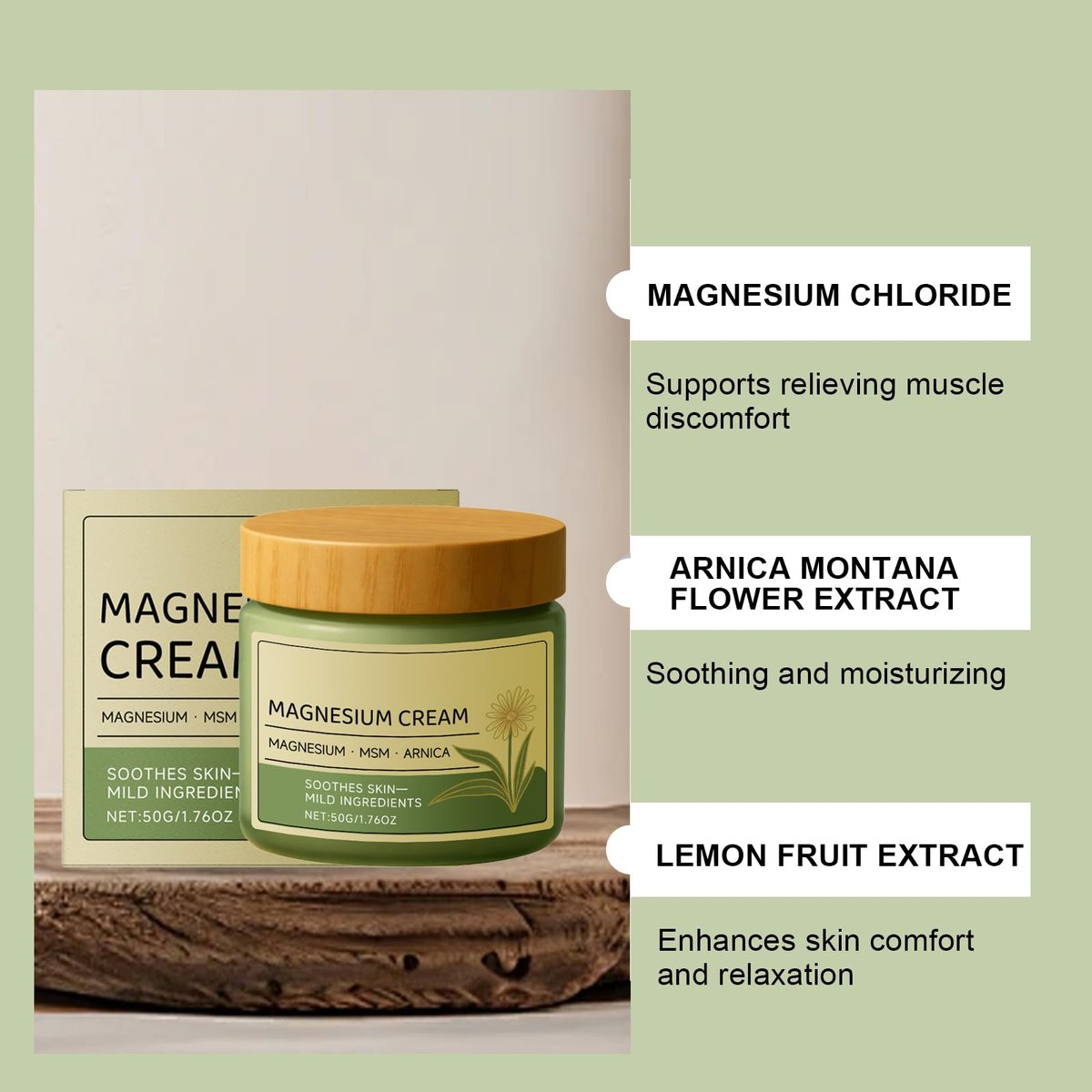 Magnesium Cream with MSM & Arnica – Fast-Absorbing, Non-Greasy Hydrating Lotion for Soothing Daily Body Care, 50g/1.76oz Avelisse