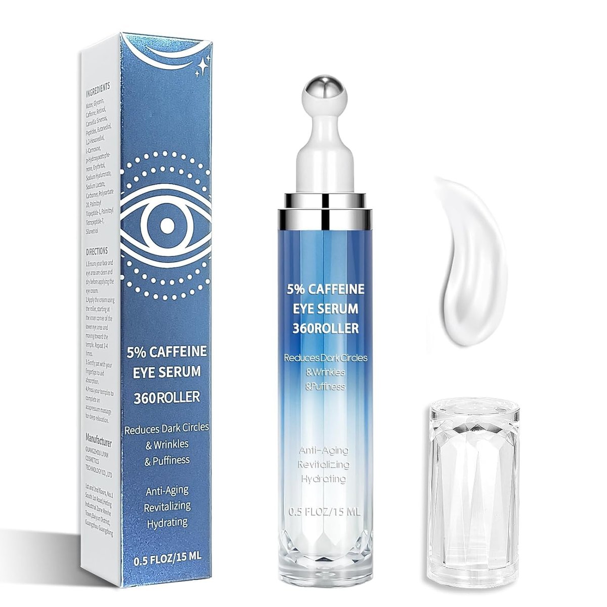 Sumetact 5% Caffeine & Retinol Eye Cream with 360° Roller – Hydrating & Anti-Aging Treatment for Fine Lines, Puffiness, Dark Circles & Bags – Moisturizing Serum for Women & Men Avelisse