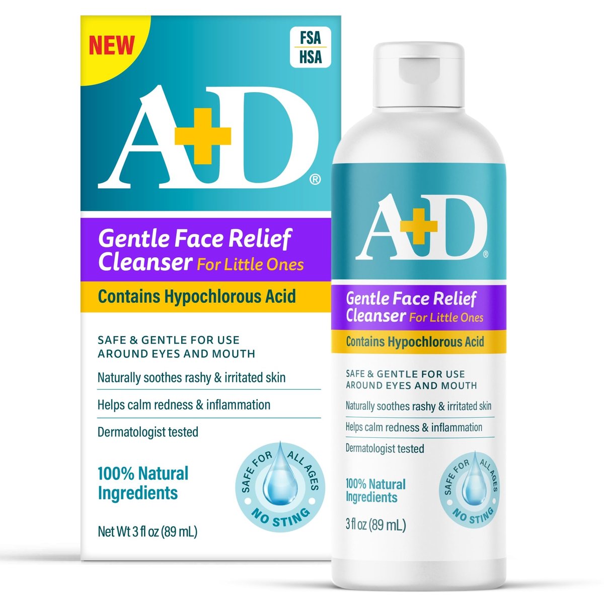 A+D Gentle Face Relief Cleanser for Little Ones with Hypochlorous Acid - 3 oz, 100% Natural, Non-Toxic, Sting-Free, Safe Around Eyes & Mouth - görsel 1