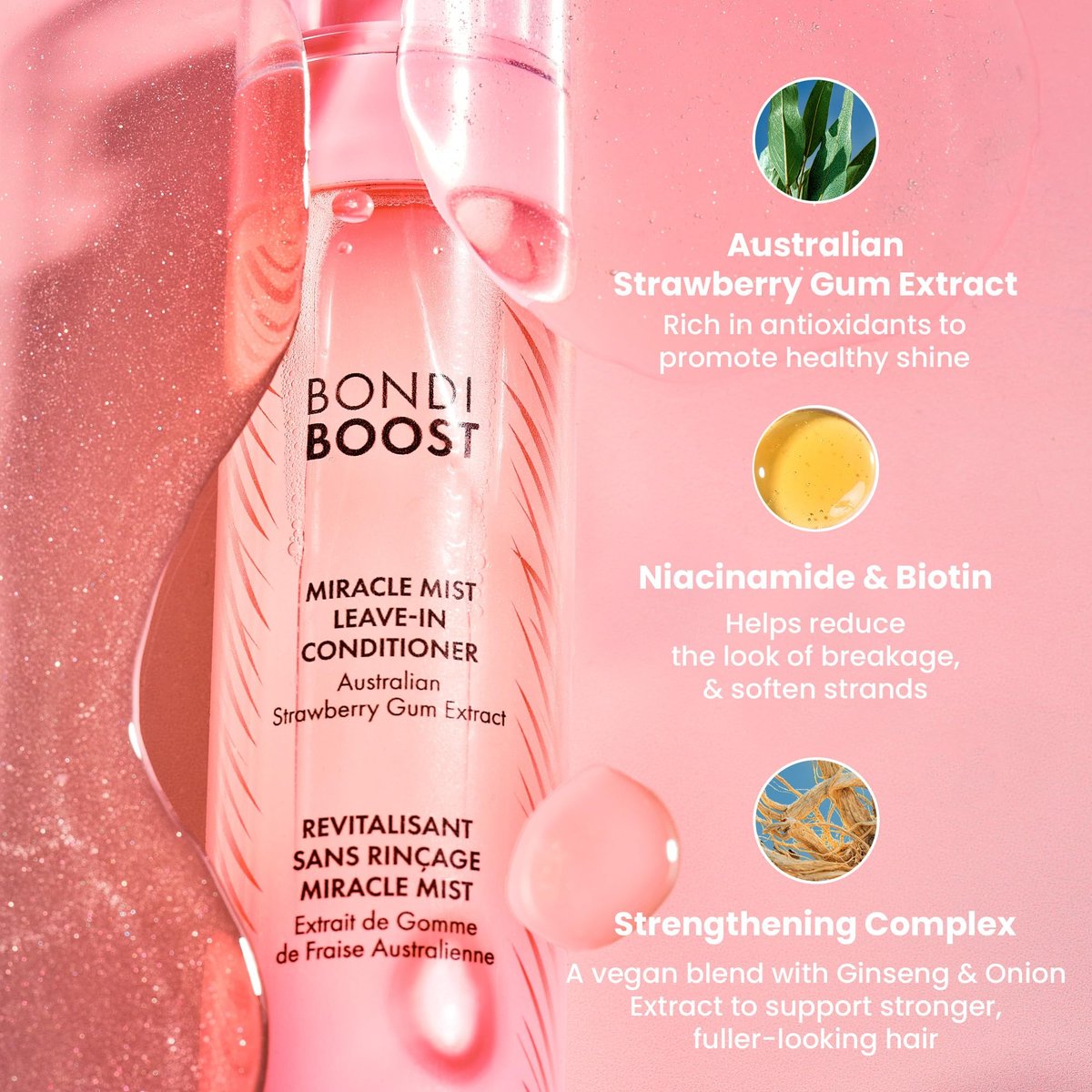 BONDIBOOST Miracle Mist Leave In Conditioner & Heat Protectant - 5.07 Fl Oz, Biotin & Strawberry Extract, Sulfate/Paraben Free, Lightweight Detangling Spray for Glass Hair Avelisse