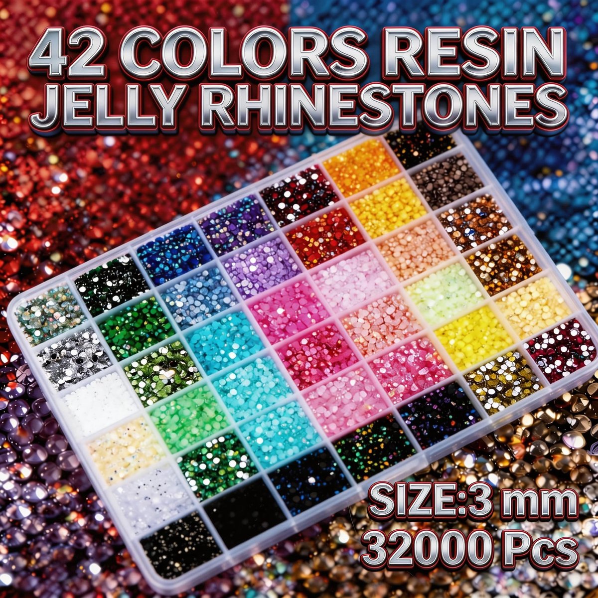 Ayzololo 42 Colors Resin Jelly Rhinestones for Bedazzling - 3mm 32000Pcs Flatback Gems with B7000 Glue, Tweezer & Pickup Pen for Nail Art, DIY Crafts, Phone Cases - görsel 3