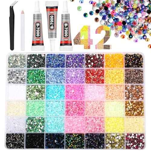 Ayzololo 42 Colors Resin Jelly Rhinestones for Bedazzling - 3mm 32000Pcs Flatback Gems with B7000 Glue, Tweezer & Pickup Pen for Nail Art, DIY Crafts, Phone Cases - görsel 2