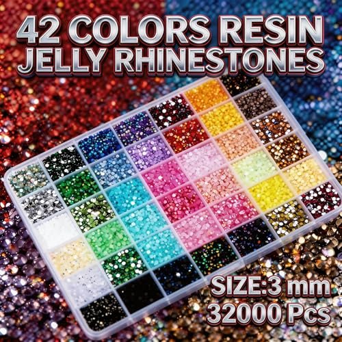 Ayzololo 42 Colors Resin Jelly Rhinestones for Bedazzling - 3mm 32000Pcs Flatback Gems with B7000 Glue, Tweezer & Pickup Pen for Nail Art, DIY Crafts, Phone Cases - görsel 4