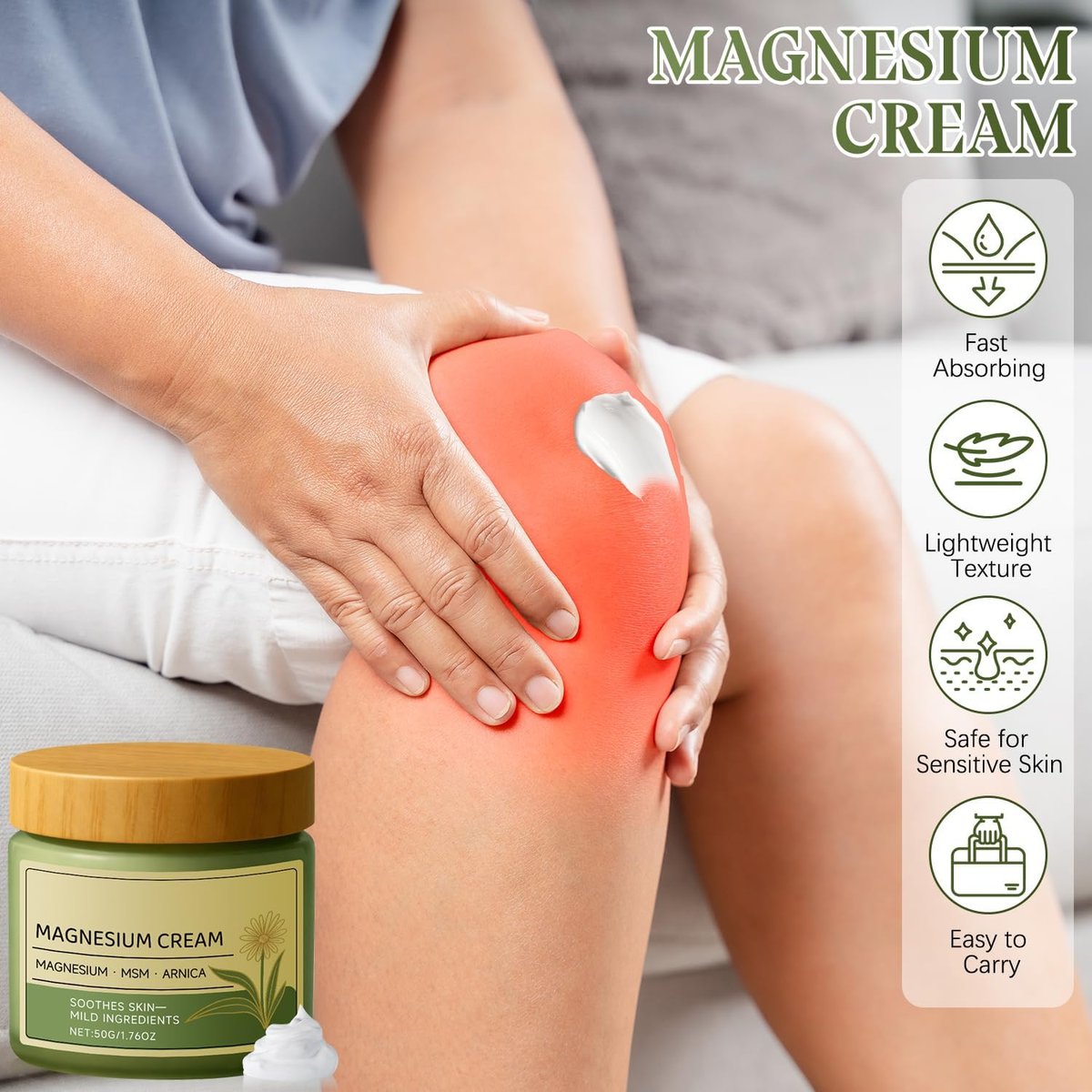 ScontLuy Magnesium Cream with MSM & Arnica – Gentle Soothing Formula for Legs, Shoulders & Back, Fast-Absorbing Non-Greasy Daily Support, 50g (2-Pack) - görsel 12