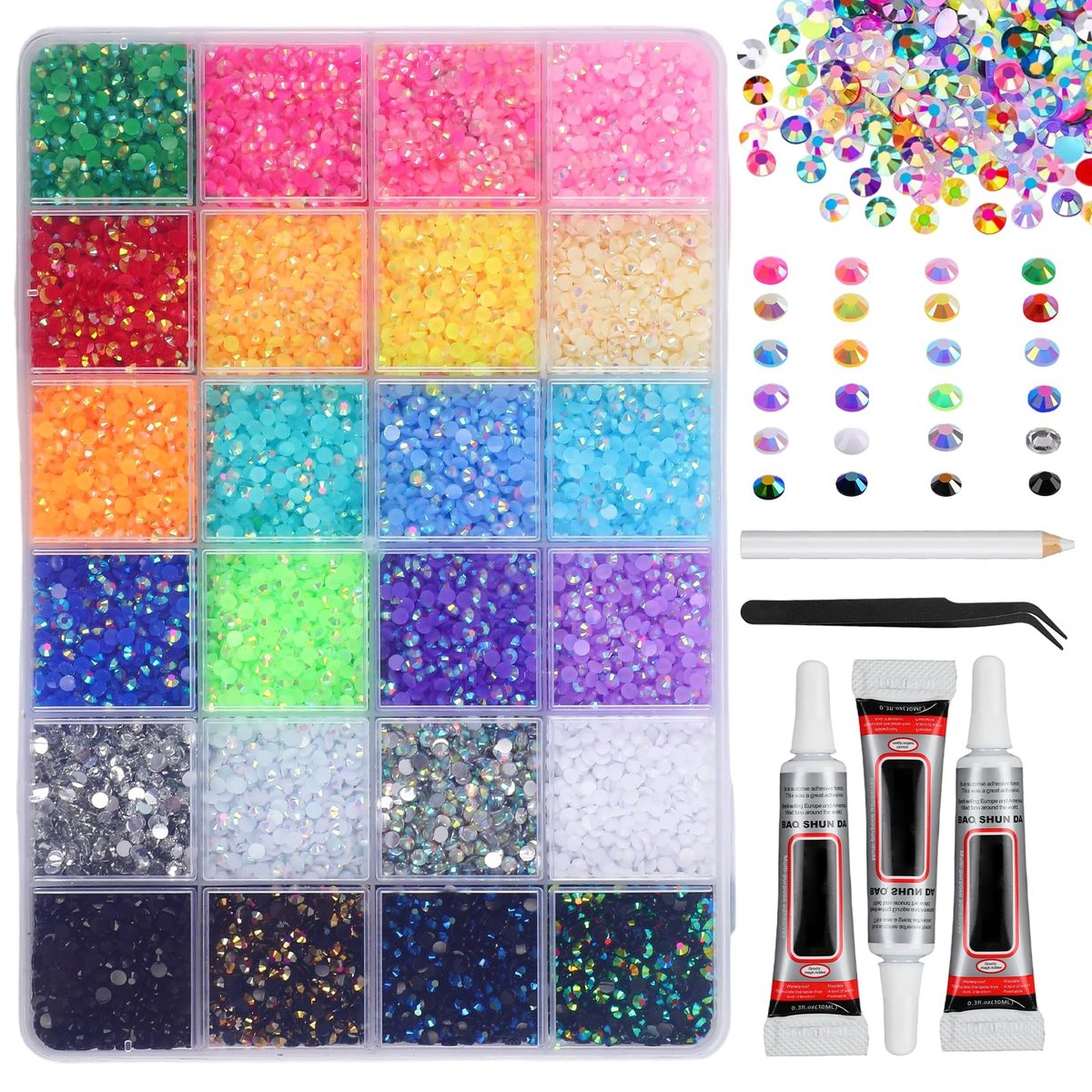 32000Pcs Resin Jelly Rhinestones for Bedazzling - 3mm Multicolor Flatback Gems DIY Kit with 3 B7000 Glue - for Nail Art, Diamond Art & Crafts Avelisse