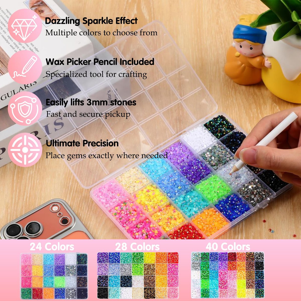 32000Pcs Resin Jelly Rhinestones for Bedazzling - 3mm Multicolor Flatback Gems DIY Kit with 3 B7000 Glue - for Nail Art, Diamond Art & Crafts Avelisse